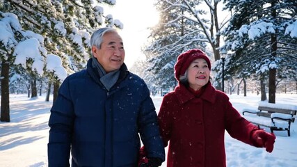 Elderly couple enjoying a winter walk in a snowy park.