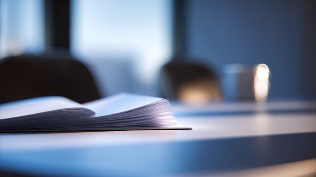 Contemplative Still Life of Open Book on Table in Meeting Room Ambience