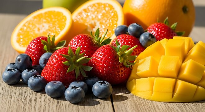 A vibrant display of fresh fruits including strawberries blueberries oranges and mangoes