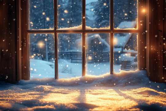 Snowflakes drift gently outside a cozy cabin window during winter in a peaceful forest scene at dusk