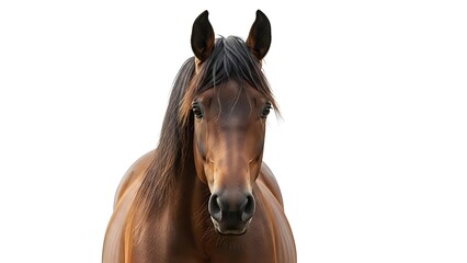 Obraz premium A close-up portrait of a brown horse against a stark white background.