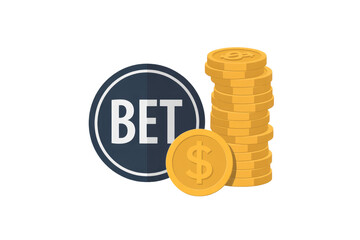 Illustration of a 'BET' icon with a stack of golden dollar coins, representing online betting, gambling, and financial stakes. background removed