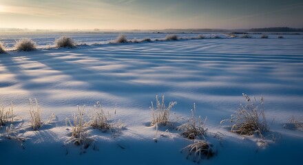 A snowy field with dry grass clumps under a hazy sky on a cold winter morning