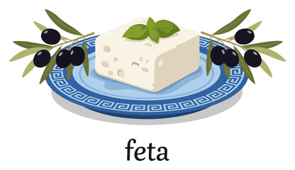 Feta Cheese with Olive Branch on a Traditional Greek Plate. Vector Food Illustration.