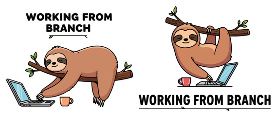Fototapeta premium Sloth working from branch — funny work from home pun illustration with laptop and coffee