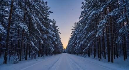 A snow covered road through a forest of pine trees at dusk creating a winter scene