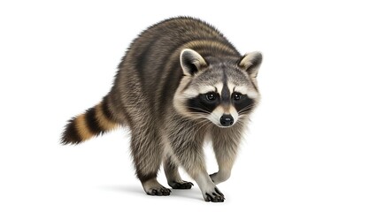 A raccoon with striped tail walks towards the viewer on a white background.