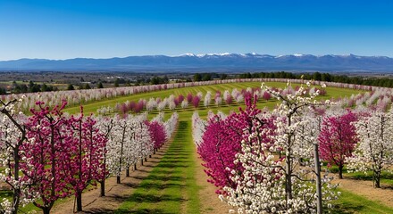 Aerial view of flowering orchard with pink and white blossoms and distant snow mountains