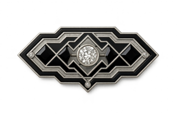 Elegant Art Deco brooch with central diamond, isolated on transparent background.