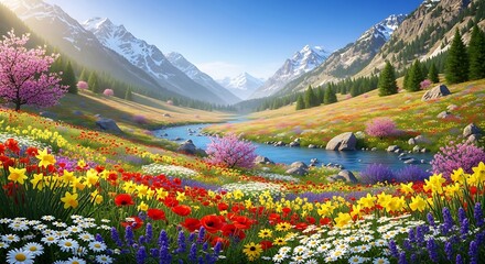 A vibrant valley with a river flowing through a field of colorful wildflowers near mountains
