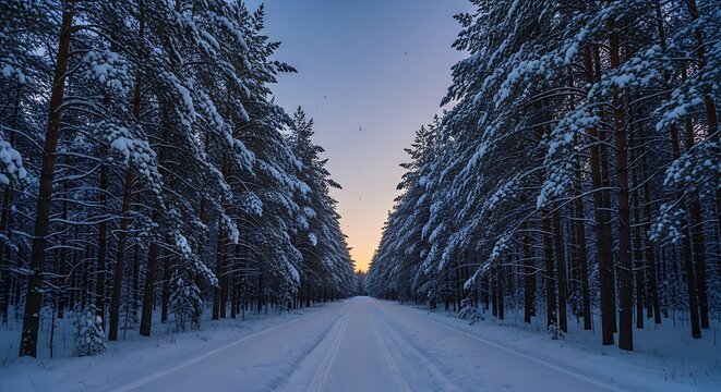 A snow covered road through a forest of pine trees at dusk creating a winter scene - Powered by Adobe