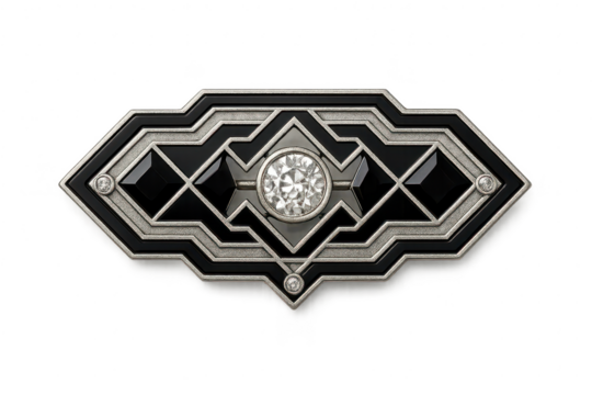 Elegant Art Deco brooch with central diamond, isolated on transparent background.