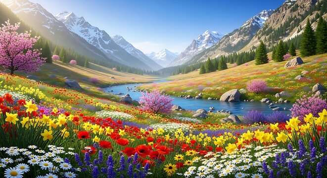 A vibrant valley with a river flowing through a field of colorful wildflowers near mountains - Powered by Adobe