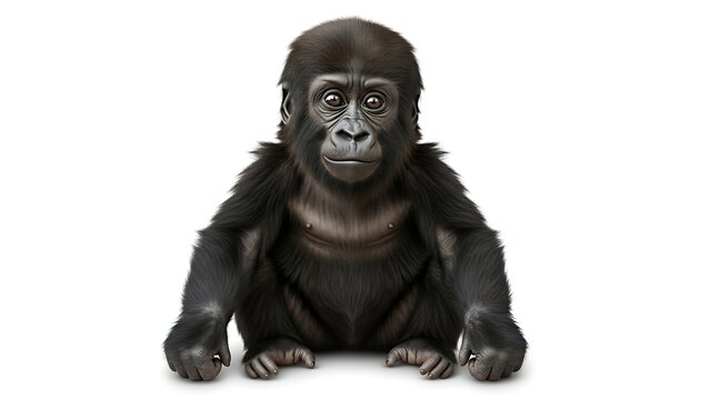 A young gorilla sits and stares directly at the viewer with an inquisitive expression.