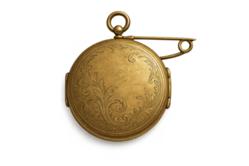 Ornate antique gold pocket watch with safety pin, isolated on transparent background