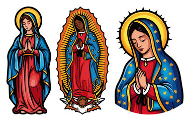 Virgin Mary Praying Cartoon Vector Illustration Set. Our Lady of Guadalupe and Other Catholic Icons.