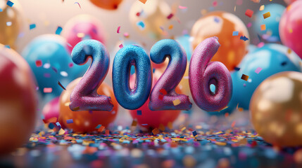 Colorful celebration of the New Year 2026 with vibrant decorations and festive confetti
