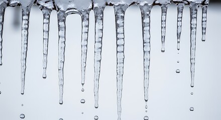 A close up of several icicles hanging down with water droplets falling from the tips