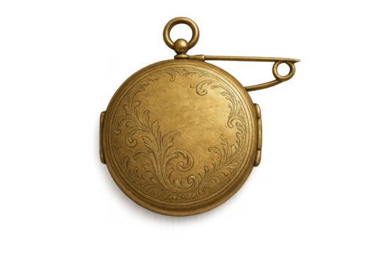 Ornate antique gold pocket watch with safety pin, isolated on transparent background