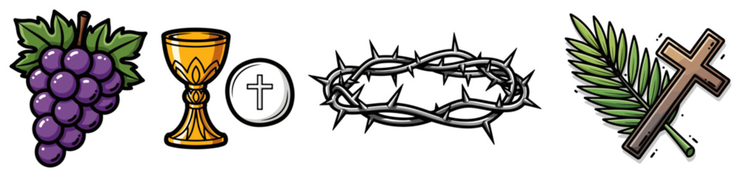 Christian Eucharist and Passion Icon Set. Vector Collection of Catholic and Easter Symbols.