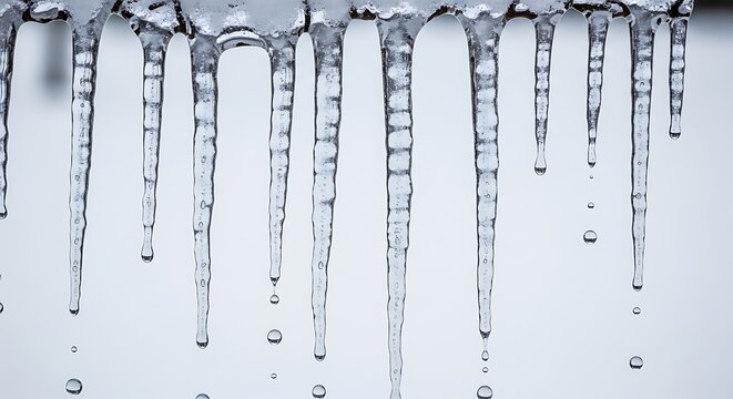A close up of several icicles hanging down with water droplets falling from the tips