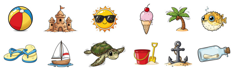 Summer Beach Vacation Icon Set. Cute Cartoon Vector Collection for Holiday and Travel.