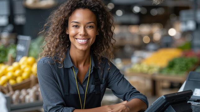 Smiling african woman in grocery store working as cashier in fresh produce section