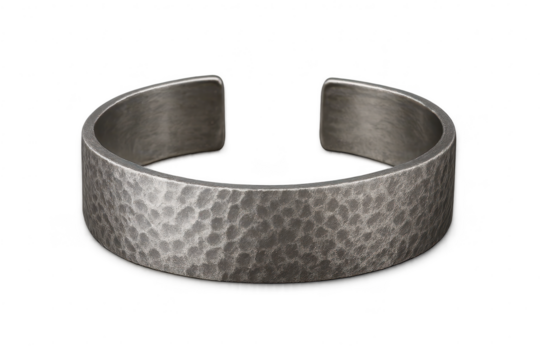 Textured metal cuff bracelet with hammered finish, isolated on transparent background