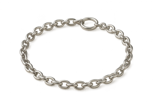 Silver chain bracelet with shiny oval links, isolated on transparent background