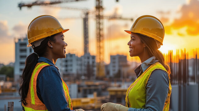 Two female construction workers, women in uniform discussing project at sunset on site with cranes in background. - Powered by Adobe