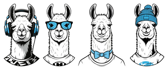 Fototapeta premium Cool Llama Character Set. Hipster Alpaca Portraits with Headphones Sunglasses and Beanie. Vector Illustrations.