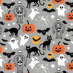 Fototapeta premium Halloween seamless pattern with pumpkins ghosts bats and skeletons festive vector background for wrapping paper and fabric design