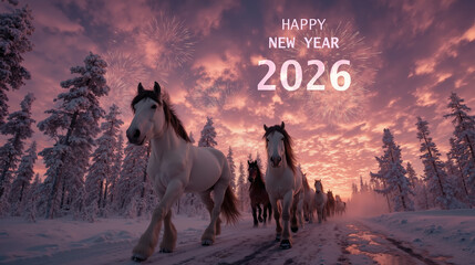 Obraz premium Horses gallop in snowy forest under colorful fireworks celebrating new year 2026 at sunset