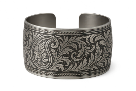 Engraved silver cuff bracelet, ornate floral pattern, transparent, isolated.