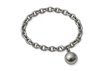 Polished silver chain bracelet with spherical charm, isolated on transparent.