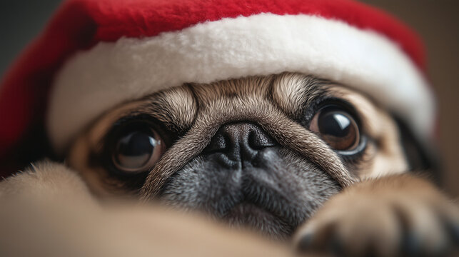 Cute pug wearing a Santa hat relaxing indoors during the holiday season