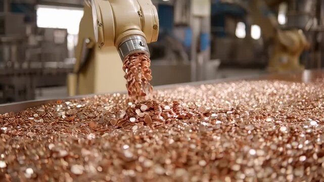Medium shot showcasing a flexible robotic arm maneuvering to sort and position copper pieces in a hightech production line.