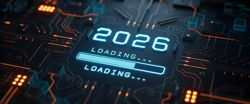 Loading bar with 2026 glowing neon style on a futuristic circuit board symbolizing technology and progress