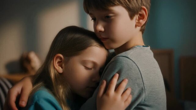 A caring young brother gives a warm, protective hug to his little sister, their close embrace showing deep sibling love and connection