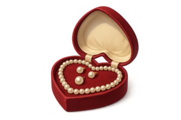 Pearl necklace and earrings in a heart-shaped box, isolated on transparent.