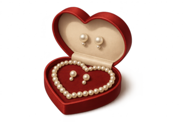 Elegant pearl jewelry set in a red heart box, isolated on transparent background