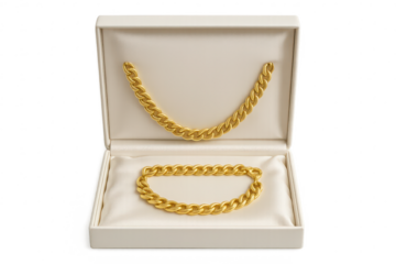 Gold chain set in white jewelry box, isolated on transparent background.