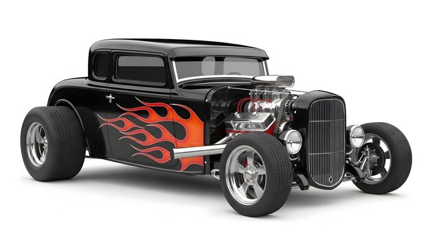 Black Hot Rod Car with Flames 3D Render Isolated on White Background