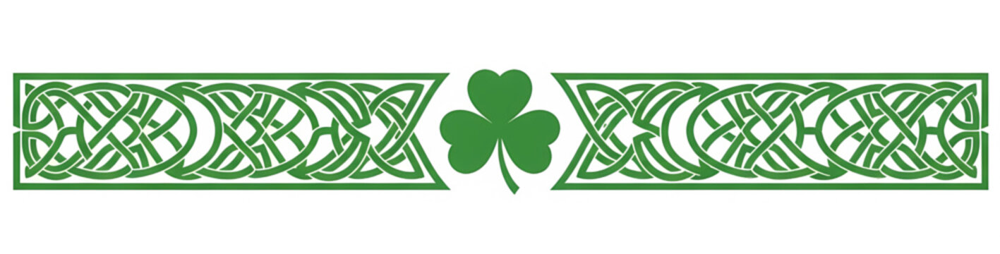 Green Celtic knot border with a central shamrock, a classic Irish decorative element for St. Patrick's Day and heritage design.