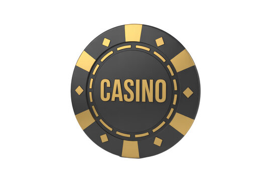 A striking 3D render of a black casino chip with elegant gold accents, featuring the bold word 'CASINO' at its center. background removed