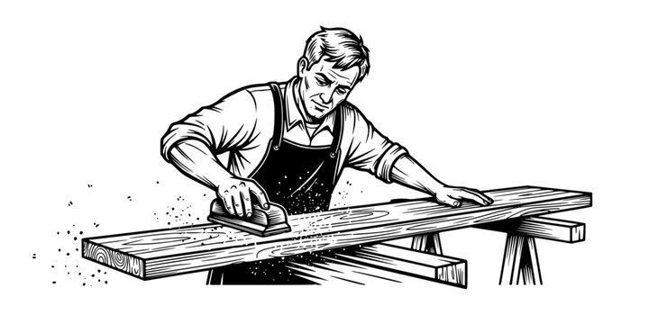 Carpenter man sanding wood plank craftsmanship vector icon