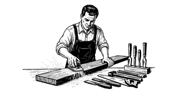 Carpenter man sanding wood plank craftsmanship vector icon