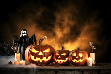 Halloween pumpkins glowing with candles and a ghost spooky decorations for a festive autumn holiday creating a scary atmosphere