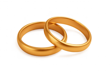 Two classic golden wedding rings intertwined, isolated on a transparent background