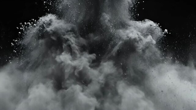 A cloud of fine grey cement powder exploding upward